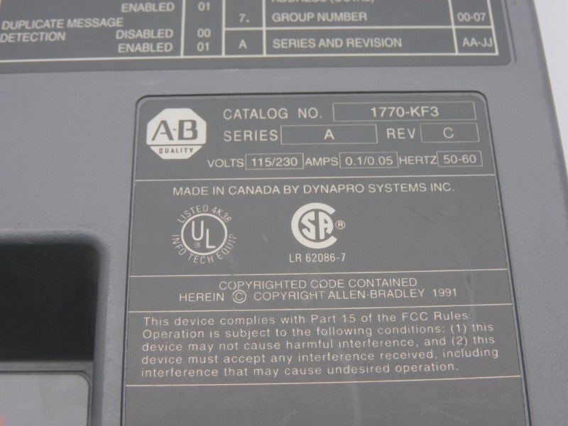 ALLEN BRADLEY 1770-KF3 REV. C SER. A 115/230V 0.1/0.05A UNMP