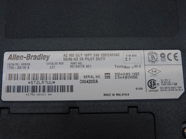 ALLEN BRADLEY 1756-OA16I SER. A F/W 2.1 REV. A01 120/240VAC 2A NSMP
