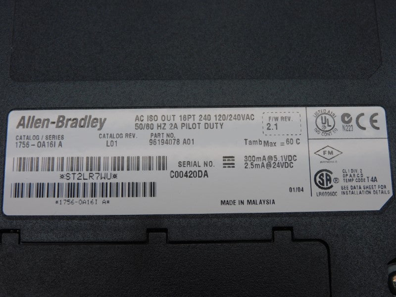 ALLEN BRADLEY 1756-OA16I SER. A F/W 2.1 REV. A01 120/240VAC 2A NSMP