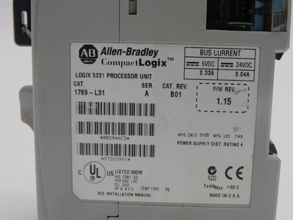 ALLEN BRADLEY 1769-L31 SER. A F/W 1.15 REV. B01 24VDC 0.33A UNMP