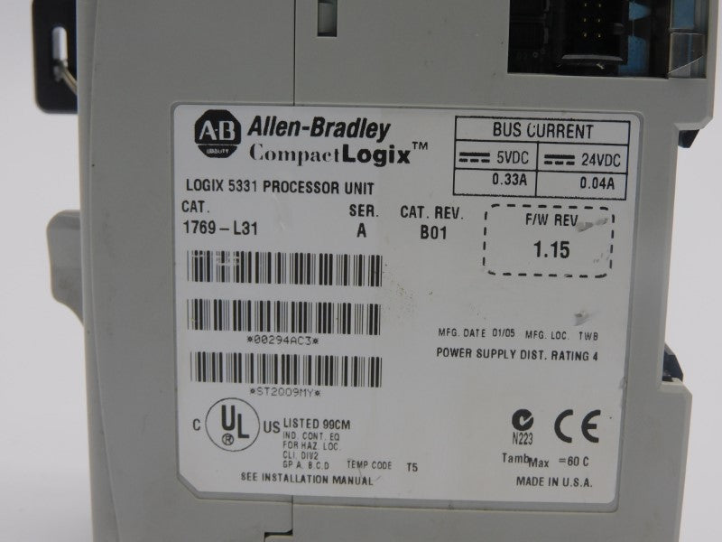 ALLEN BRADLEY 1769-L31 SER. A F/W 1.15 REV. B01 24VDC 0.33A UNMP