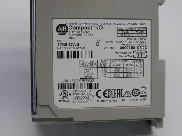 ALLEN BRADLEY 1769-OW8 SER. B F/W 3.1 VER. 02 5-265VAC 2.5A NSNP