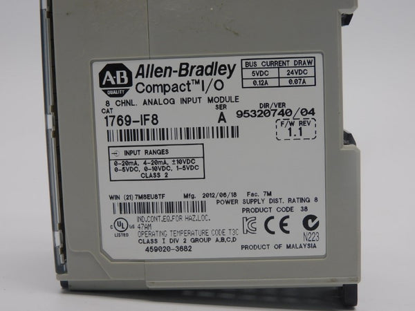 ALLEN BRADLEY 1769-IF8 SER. A F/W 1.1 VER. 04 24VDC 0.12A UNMP