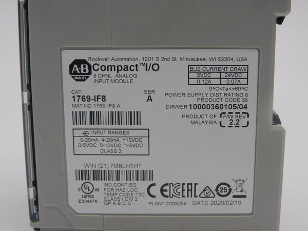 ALLEN BRADLEY 1769-IF8 SER. A F/W 2.2 VER. 04 24VDC 0.12A NSNP