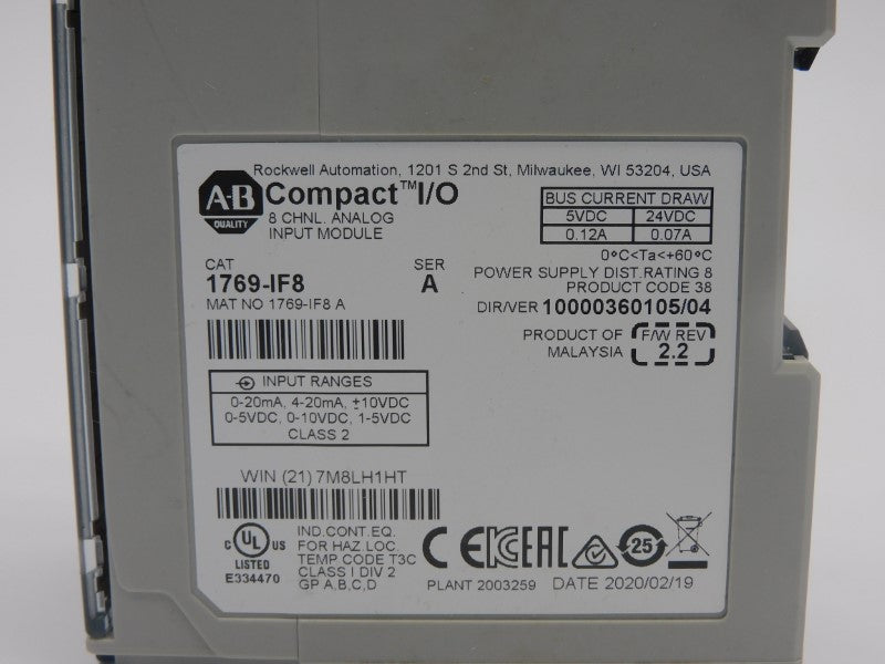 ALLEN BRADLEY 1769-IF8 SER. A F/W 2.2 VER. 04 24VDC 0.12A NSNP