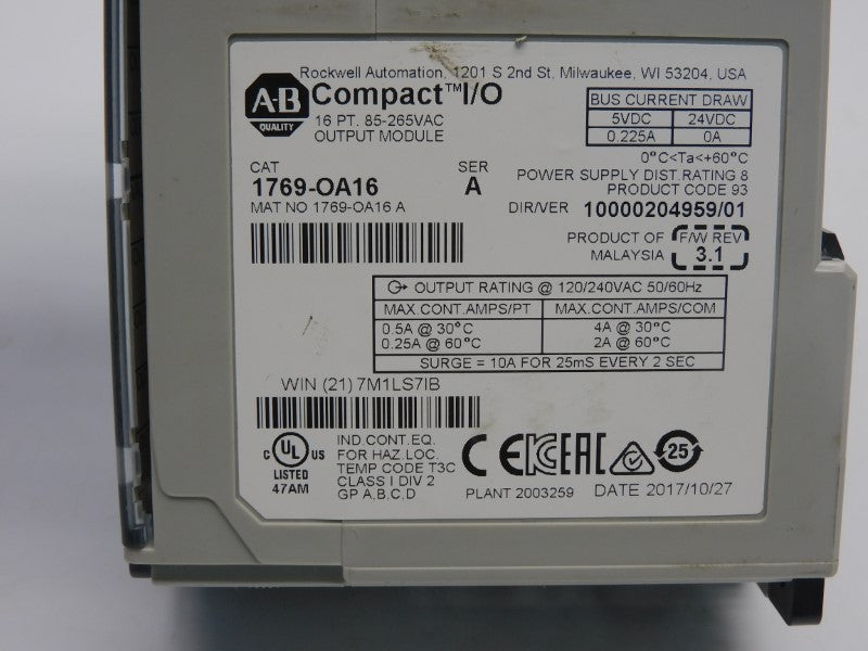 ALLEN BRADLEY 1769-OA16 SER. A F/W 3.1 VER. 01 85-265VAC 10A NSNP