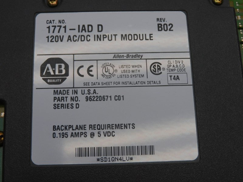 ALLEN BRADLEY 1771-IAD SER. D REV. B02 120VAC/DC 0.195A UNMP