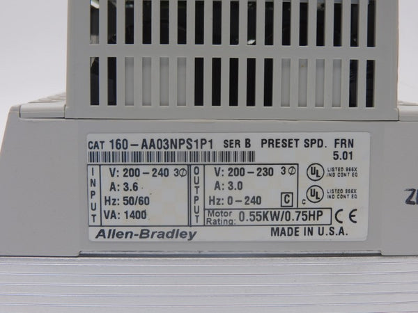 ALLEN BRADLEY 160-AA03NPS1P1 SER. B F/W 5.01 200-240V 3.0A (BR/WH) NSMP
