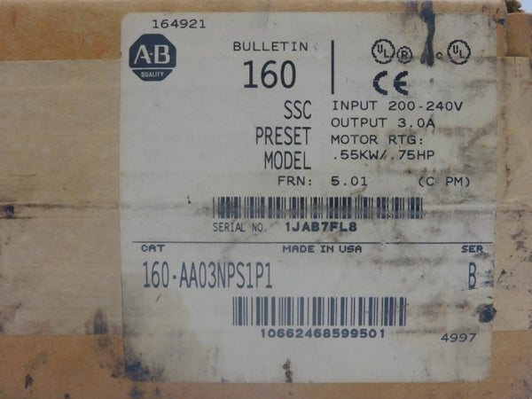 ALLEN BRADLEY 160-AA03NPS1P1 SER. B F/W 5.01 200-240V 3.0A (BR/WH) NSMP