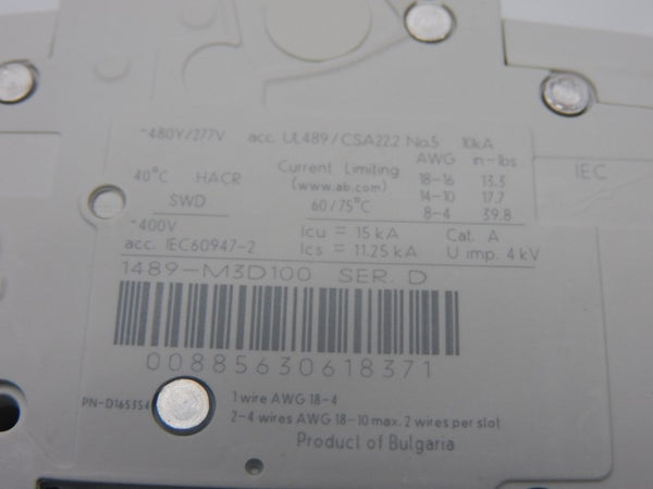 ALLEN BRADLEY 1489-M3D100 SER. D 277V 10A (WH) NSMP