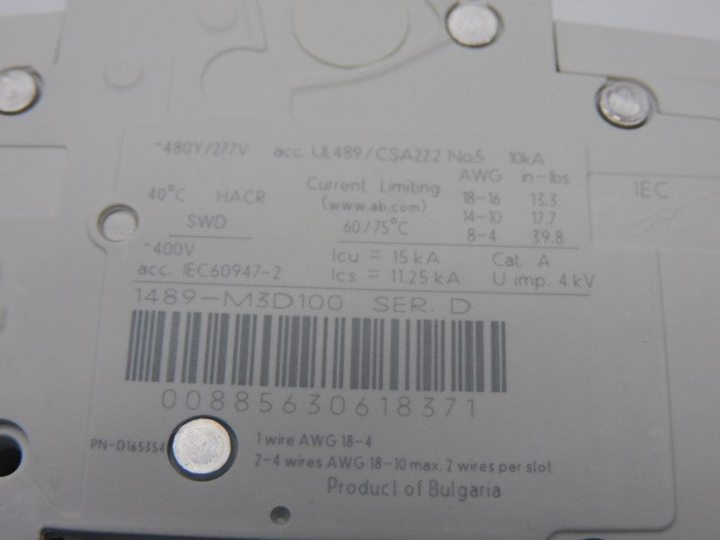 ALLEN BRADLEY 1489-M3D100 SER. D 277V 10A (WH) NSMP