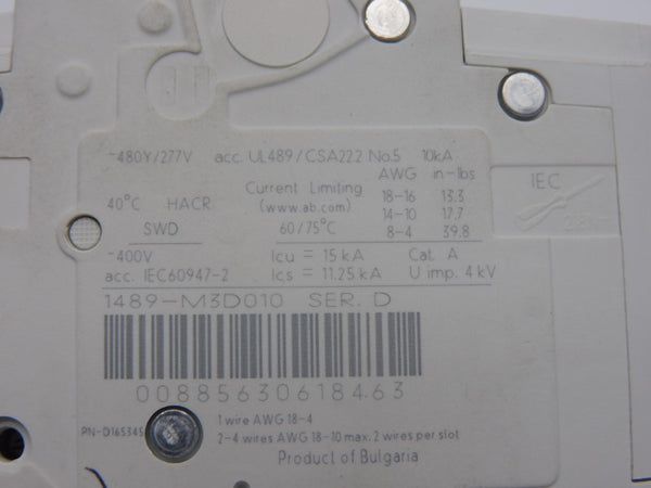 ALLEN BRADLEY 1489-M3D010 SER. D 277V 1A UNMP