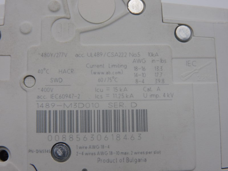 ALLEN BRADLEY 1489-M3D010 SER. D 277V 1A UNMP