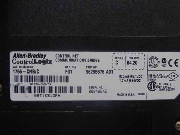 ALLEN BRADLEY 1756-CNB SER. C F/W 04.20 REV. F01 24VDC UNMP