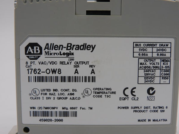ALLEN BRADLEY 1762-OW8 SER. A REV. A 240VAC 0.09A UNMP