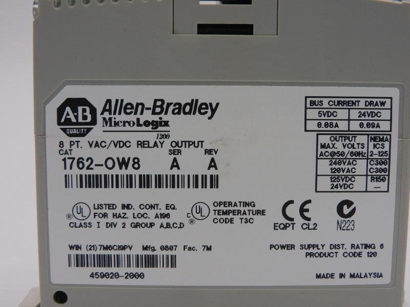 ALLEN BRADLEY 1762-OW8 SER. A REV. A 240VAC 0.09A UNMP