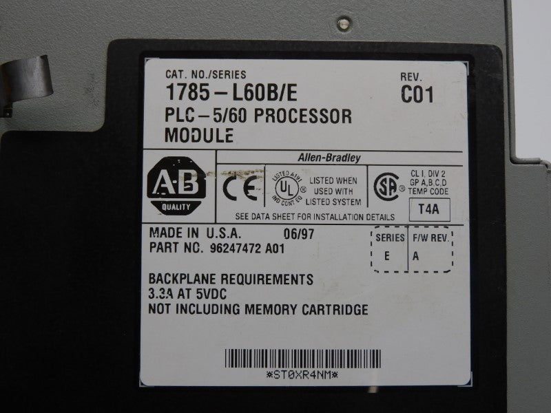 ALLEN BRADLEY 1785-L60B SER. E F/W A REV. C01 5VDC 3.3A (NO KEY) UNMP