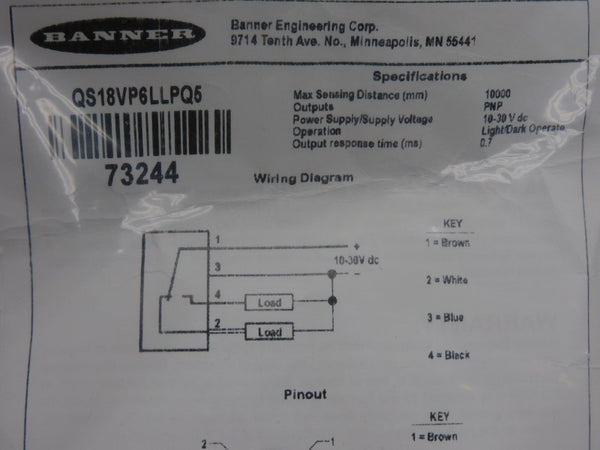 BANNER ENGINEERING QS18VP6LLPQ5 73244 10-30VDC NSMP