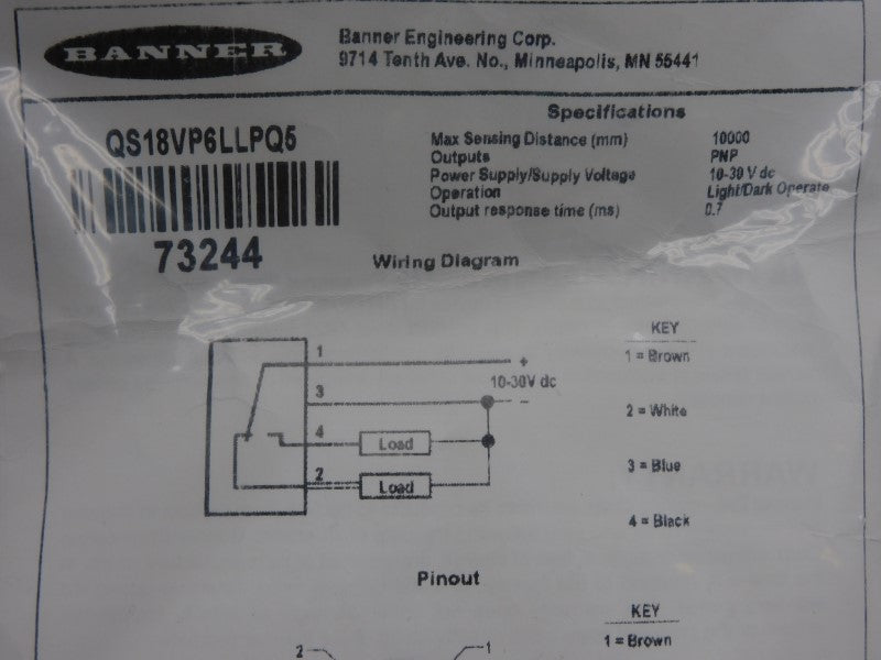 BANNER ENGINEERING QS18VP6LLPQ5 73244 10-30VDC NSMP
