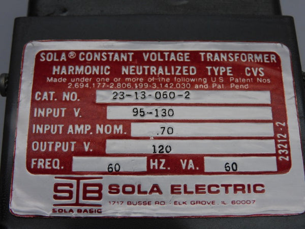 SOLA ELECTRIC 23-13-060-2 95-130V .70A UNMP