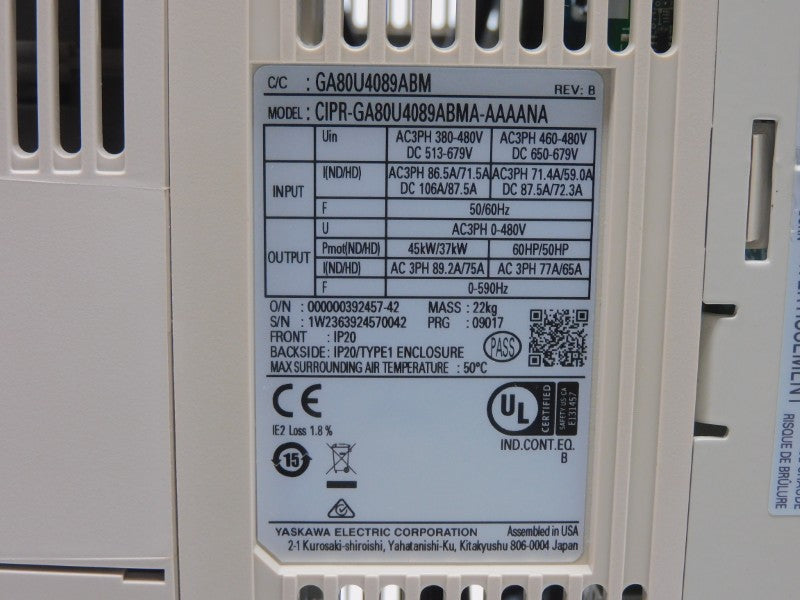 YASKAWA CIPR-GA80U4089ABMA-AAAANA REV. B 460-480V 106A/87.5A NSNP