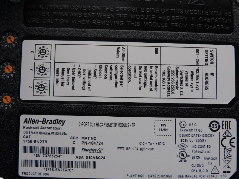 ALLEN BRADLEY 1756-EN2TR SER. C F/W 11.001 5.1VDC 1.0A NSMP