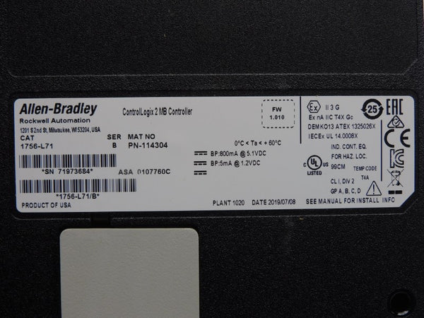 ALLEN BRADLEY 1756-L71 SER. B F/W 1.010 5.1VDC NSMP