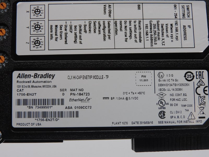ALLEN BRADLEY 1756-EN2T SER. D F/W 11.001 5.1VDC NSMP