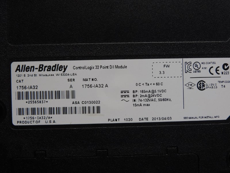 ALLEN BRADLEY 1756-IA32 SER. A F/W 3.3 74-132VAC NSNP