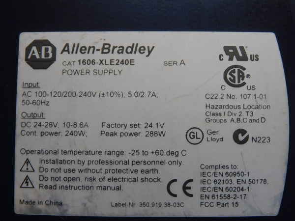 ALLEN BRADLEY 1606-XLE240E SER. A 100-120/200-240V 5.0-2.7A NSNP