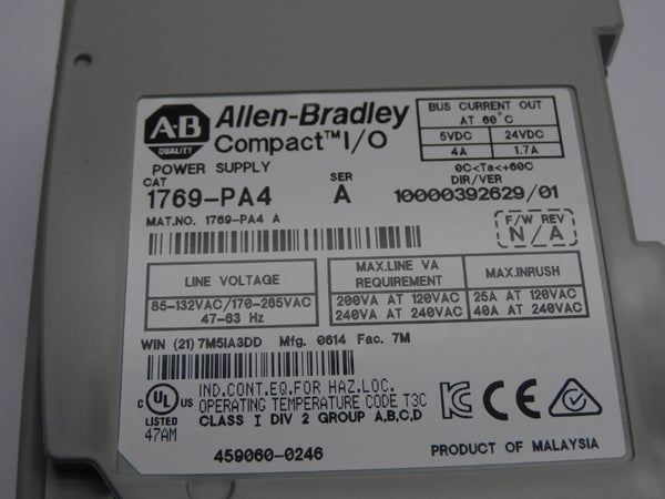 ALLEN BRADLEY 1769-PA4 SER. A VER. 01 170-265VAC 40A NSNP