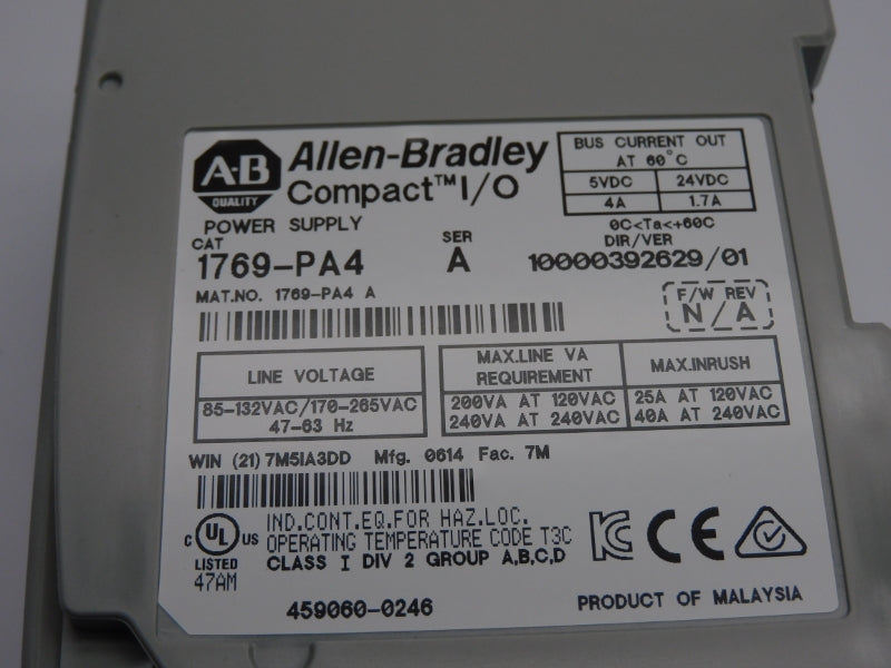 ALLEN BRADLEY 1769-PA4 SER. A VER. 01 170-265VAC 40A NSNP