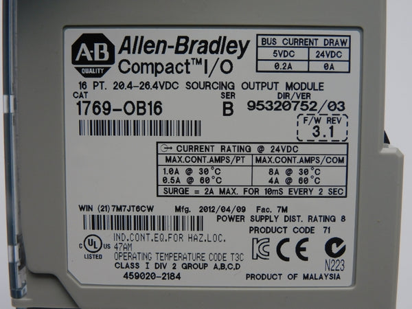 ALLEN BRADLEY 1769-OB16 SER. B F/W 3.1 VER. 03 20.4-26.4VDC 8A NSNP