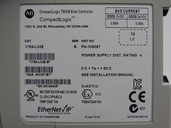 ALLEN BRADLEY 1769-L32E SER. B F/W 1.17 24VDC 0.66A NSNP