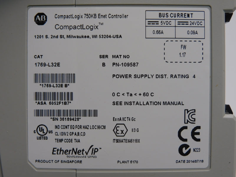 ALLEN BRADLEY 1769-L32E SER. B F/W 1.17 24VDC 0.66A NSNP