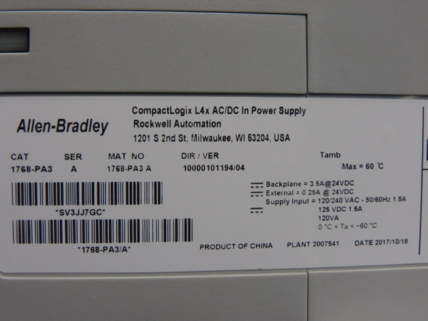 ALLEN BRADLEY 1768-PA3 SER. A VER. 04 120/240VAC 3.5A NSNP
