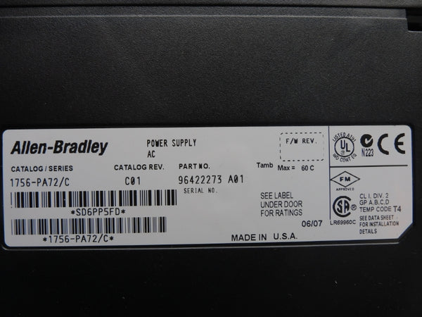 ALLEN BRADLEY 1756-PA72 SER. C REV. C01 120/240VAC 10.0A NSNP
