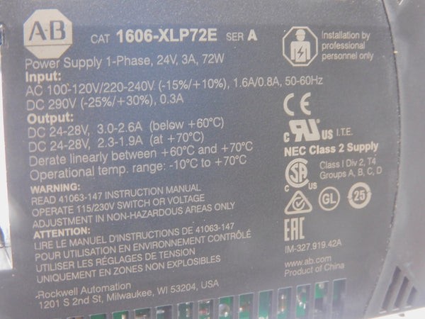 ALLEN BRADLEY 1606-XLP72E SER. A 100-120/220-240V 3.0-2.6A NSNP