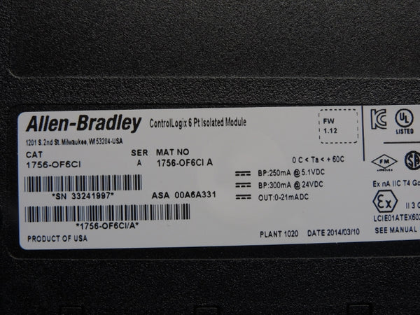 ALLEN BRADLEY 1756-OF6C1 SER. A F/W 1.12 24VDC NSNP