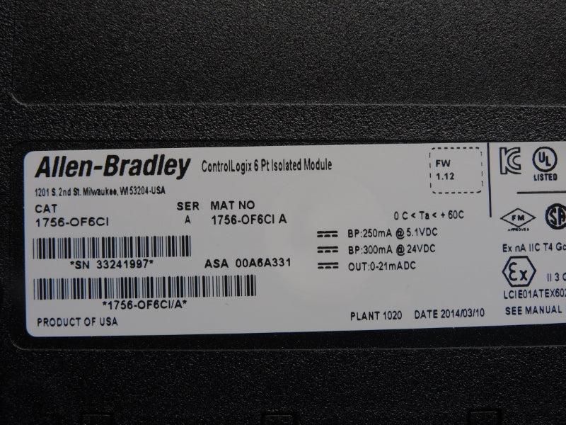 ALLEN BRADLEY 1756-OF6C1 SER. A F/W 1.12 24VDC NSNP