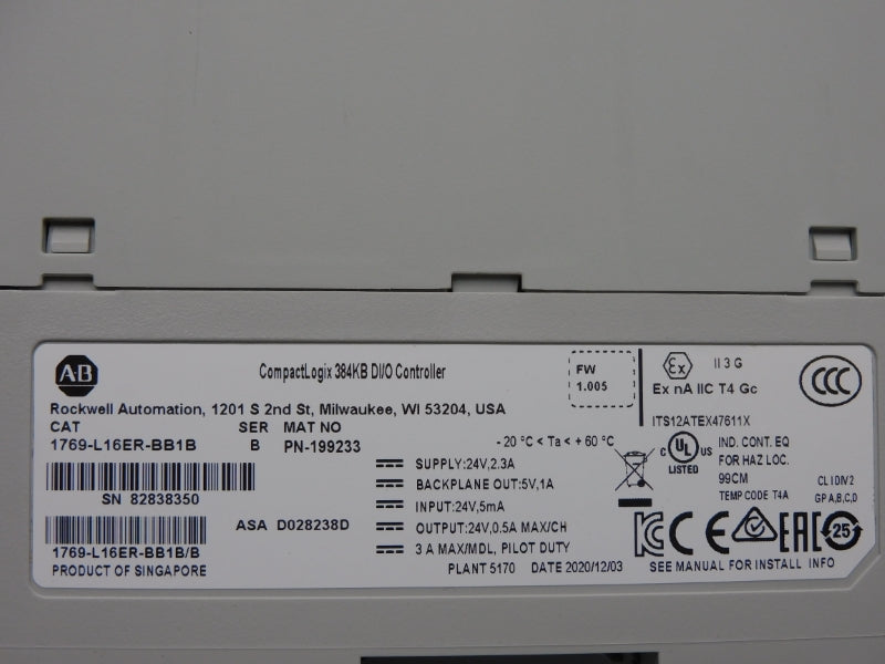 ALLEN BRADLEY 1769-L16ER-BB1B SER. B F/W 1.005 24V 2.3A NSMP