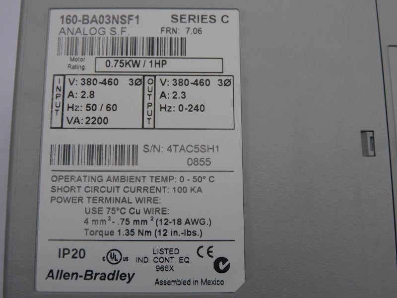 ALLEN BRADLEY 160-BA03NSF1 SER. C F/W 7.06 380-460V 2.8A NSNP