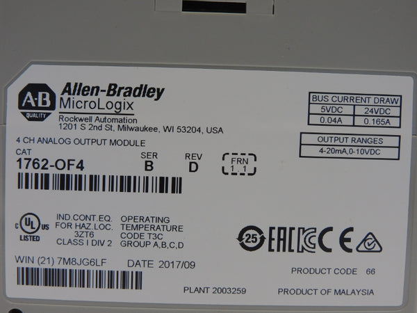 ALLEN BRADLEY 1762-OF4 SER. A F/W 1.1 REV. D 24VDC 0.165A NSNP