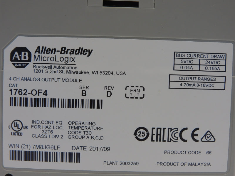 ALLEN BRADLEY 1762-OF4 SER. A F/W 1.1 REV. D 24VDC 0.165A NSNP