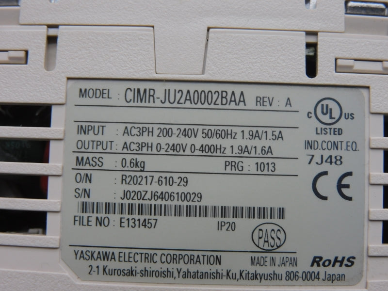 YASKAWA CIMR-JU2A0002BAA REV. A 0-240V 1.9/1.5A UNMP