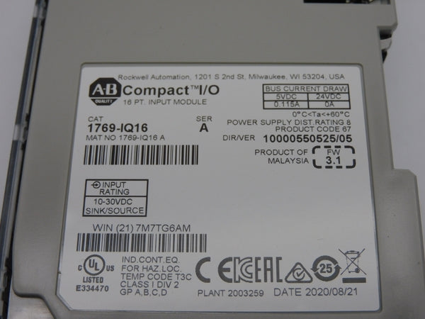 ALLEN BRADLEY 1769-IQ16 SER. A F/W 3.1 VER. 05 24VDC 0.115A NSMP