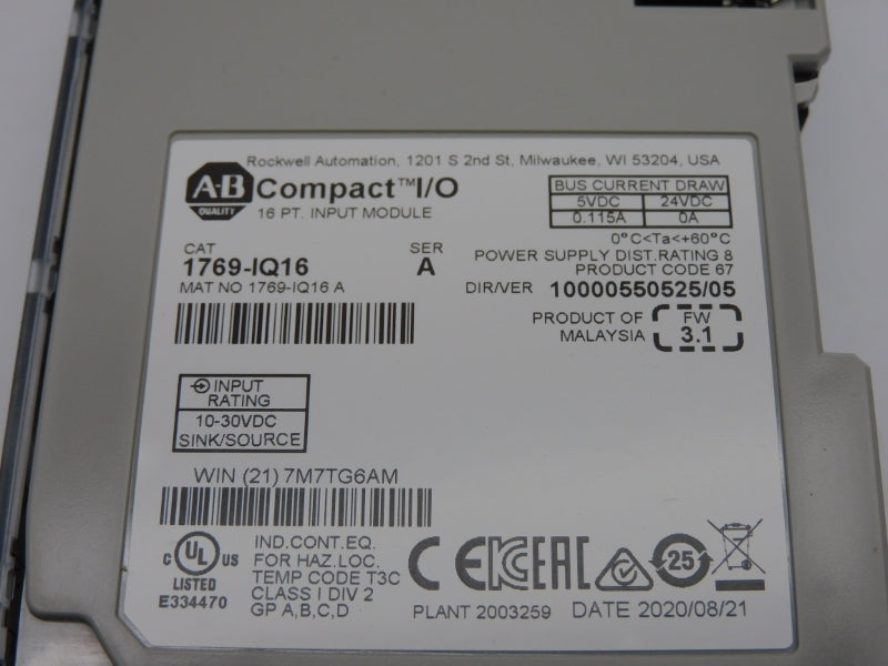 ALLEN BRADLEY 1769-IQ16 SER. A F/W 3.1 VER. 05 24VDC 0.115A NSMP