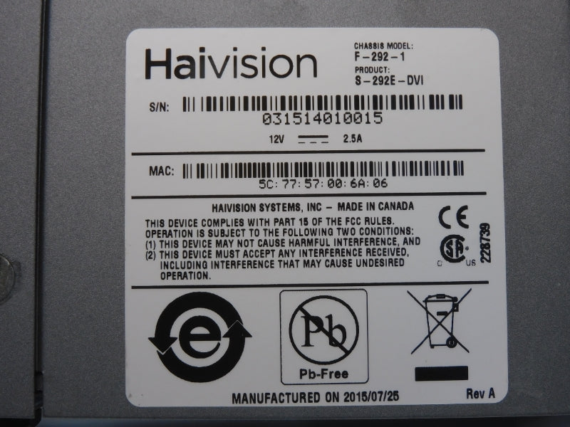 HAIVISION F-292-1 REV. A 12V 2.5A NSNP