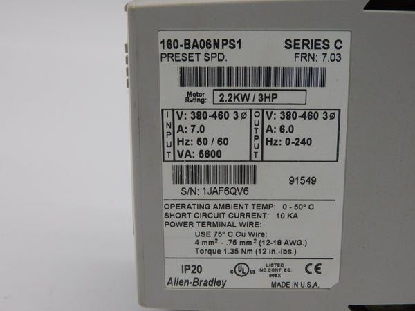 ALLEN BRADLEY 160-BA06NPS1 SER. C F/W 7.03 380-460V 7.0A (BR/WH) NSMP