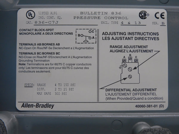 ALLEN BRADLEY 836-C7J SER. B 24-600V 4-150PSI UNMP